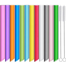 ALINK 12-Pack Reusable Plastic Boba Straws, 13 mm x 10.5 inch Long Wide Clear Smoothie Straws for Bubble Tea, Tapioca Pearls, Milkshakes with 2 Cleaning Brush - Pointed Design
