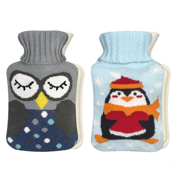 Hot Water Bottle with Knitted Cover Small Cute Rubber Hot Water Bag (Pack of 2) for Pain Relief, Cramps, Warm, Hot and Cold Therapy, Blue Penguin and Gray Navy Owl, 1 Liter