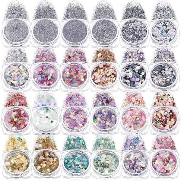 24 Boxes Holographic Nail Art Sequins Sets Glitter Mermaid Powder Nail Art Decorations 3D Flakes Shiny Powder Dust Iridescent Manicure Tips Charms for Face Eyes Body Hair Nail Art (Chic Pattern)