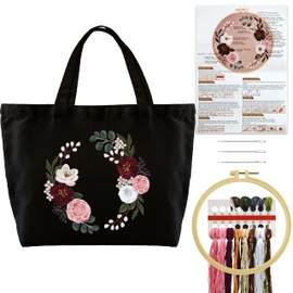 Turmaster Embroidery Set with Canvas Tote Bag, Embroidery Set for Beginners, Embroidery Set Adults with Floral Pattern, Embroidery Hoop, Threads and DIY Embroidery Tools, Black