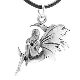 Trilogy Jewelry Pewter Fairy Celestial Crescent Moon Pendant on Black Necklace Cord with Clasp