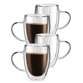 T-WARE 12 Oz Double Wall Glass Coffee Mugs with Handle, Insulated Clear Coffee Mugs Set of 4, Perfect for Cappuccino, Espresso, Latte, Americano, Tea Bag and Cold Beverage