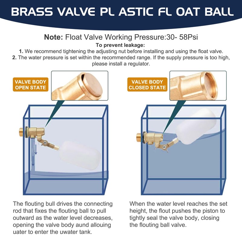 2 Pack Water Float Valve 1/2 inch, 1/2" Brass Float
