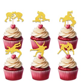 Wrestler Cupcake Topper for Wrestling Theme Party Favors Decorations Men Boys Happy Birthday Party Decor Supplies set 18pcs Gold Glitter Silhouette