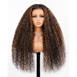 Megalook hair Glueless Curly Human Hair Wig Highlight Deep Wave Lace Front Wigs Human Hair Pre Plucked Pre Cut 6x5 HD Closure Wear and Go Glueless Wig Pre Bleached Knots 20 Inch 1BP30