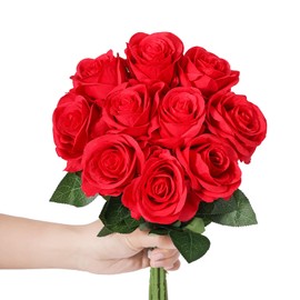 LEUCHTAMOR 10Pcs Artificial Roses Fake Silk Flowers Red Realistic Bouquet for DIY Craft Flowers for Wedding Bridal Bouquets Arrangements Party Home Decorations