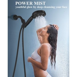 High Pressure Shower head with Handheld 7 Modes, Built-in Power Wash to Clear Tub. Tile & Pets, 5” High Flow Hand Held Hydro Rain Showerhead with Stainless Steel Hose and Adjustable Bracket-Matt Black