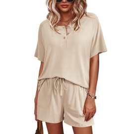 Ekouaer Womens Pajamas Set Short Sleeve Sleepwear 2 Piece Lounge Sets with Pockets Light Brown, Large