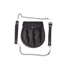 Embossed Celtic 3 Tassel Black Leather Kilt Sporran w/Belt