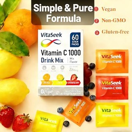 Vitamin C 1000mg Powder Packets Sugar Free Drink Mix Individual Serving Sticks Mixed Fruit Flavors Strawberry Lemon Orange On The Go Immune Support fo