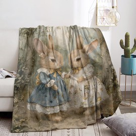 Bidesk Vintage Bunny Charm Blanket - Ultra Soft, Fuzzy, Lightweight, Cozy & Warm Flannel Adorable Bunnies Throw Blankets, for Men Women Adults - Perfect for Couch, Bed, Travel & Living Room 60"×50"