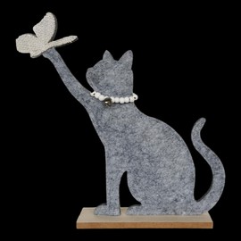 Goldbach Decorative Cat with Butterfly on Wooden Base 29 cm Large Felt Cat Figurine Decorative Cat for Standing