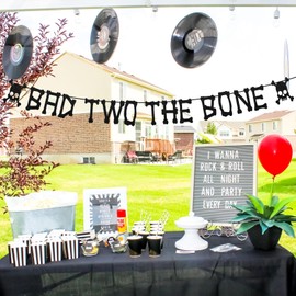 Wonmelody Rock n Roll 2nd birthday Party Decorations Bad Two the Bone Black Banner Two Rocks Birthday Decor Retro Musical Birthday Banner for Music theme 90s Birthday Party Boys Girls