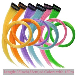 Clip in Hair Strands, Pack of 12, 55 cm, Mixed Colour Hair Strands for Braids/Braiding Hairstyles, Clip-In Extensions, Individual Strands, Colourful Hair Strands, Children's Hair Extensions