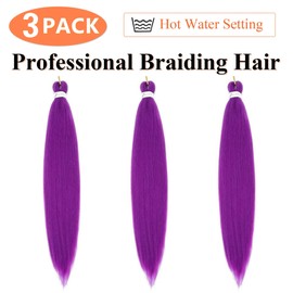 Purple Pre Stretched Braiding Hair 24 Inch Braiding Hair Extension for Twist Or Box Braids 3 Packs Crochet Braids Hair Extensions Synthetic EZ Braid Hot Water Setting Soft Yaki Texture