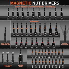 COMOWARE Magnetic Impact Nut Driver Set, 55Pcs Deep Nut Driver Set, Metric/SAE Sockets, Bit Extension, 1/4'' Quick Change, Cr-V Steel for Automotive & Industrial Use