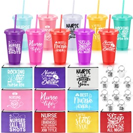 Teenyyou 30 Sets Nurse Appreciation Gifts Bulk, 24 oz Reusable Multicolor Plastic Tumbler Cup with Straw Lid, Makeup Bags Keychains for Women Nurse Week 2025 Graduation Thank You Gift(Classic)