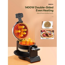 Classic Waffle Iron, Double Belgian Waffle Maker 180°Flip, 1400W Waffle Iron 8 Slices, Rotating & Nonstick Plates with Removable Drip Tray, Cool Touch Handles, Stainless Steel (8 Slices)