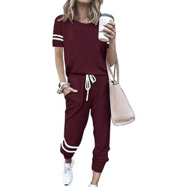 PRETTYGARDEN Women Summer Two Piece Outfits Striped Short Sleeve Pullover and Long Pants Tracksuit Travel Pajama Lounge Set (Wine Red,Small)