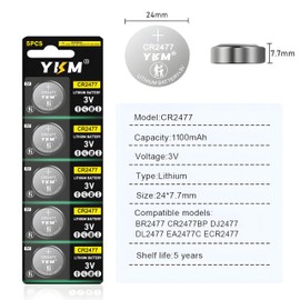 YKM High Capacity CR2477 3V Lithium Battery DL2477 ECR2477 2477 Button Coin Cell Battery for Temperature Sensor Smart Thermostat Thermometer Motion Detector 10 Pack