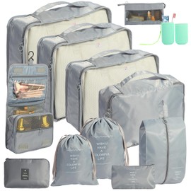 12 PCS Packing Cubes for Suitcase Packing Cubes Travel Luggage Organizers Bag Waterproof Travel Essentials Bag Clothes Shoes Storage Bags, Grey