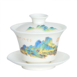 ICHAG Gongfu Tea Set, Chinese Gaiwan Tea Sets for Adults, Japanese Tea Set, 羊脂玉茶具, White Jade,Yangzhi Jade Tea Sets, 12-piece Thousand Miles Scenery (千里江山) Asian Tea Set for Home, Outdoor, Business