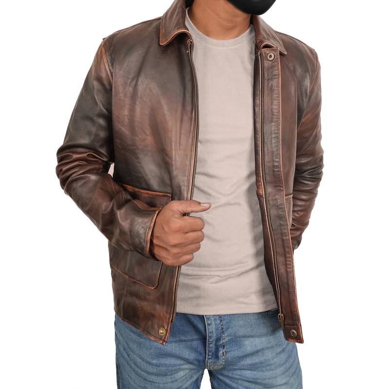 Mens Brown Leather Jacket | Brown Distressed - L