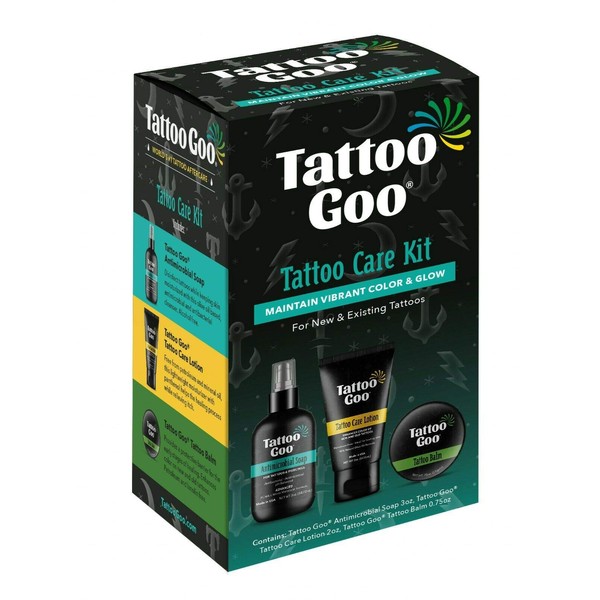Tattoo Goo Aftercare Kit Includes Antimicrobial Soap, Balm, and Lotion, Tattoo Care for Color Enhancement + Quick Healing - Vegan, Cruelty-Free, Petroleum-Free, Lanolin-Free (3 Piece Set)