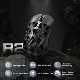 ATTACK SHARK R2PRO 45g Superlight Magnesium Alloy Mouse, PixArt PAW3950 Sensor, 42000DPI, 8000Hz Wireless Polling Rate, 2.4G/BT/Wired Gaming Mouse, Programmable Mice with Coiled Cable, PC/Mac, Grey