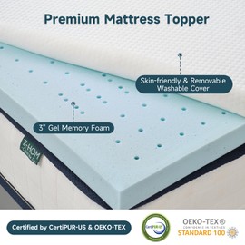 3 Inch Twin Memory Foam Mattress Topper, Cooling Gel Bed Topper with Premium Removable Skin-Friendly Non-Slip Cover, High Density Ventilated Mattress Pad CertiPUR-US & Oeko-Tex Certified, Grey