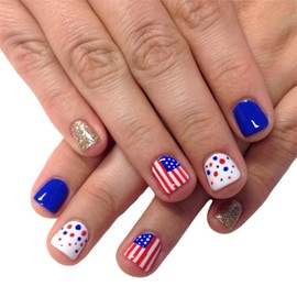 Short Press on Nails 4th of July Fake Nails with Dot Flag Desgins Square Glue on Nails Press ons Cute Acrylic Nails Independence Day False Nails Gold Glitter Stick on Nails for Women 24 Pcs