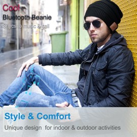 Rotibox Rechargeable Bluetooth Music Beanie Hat Fashional Double Knit Skully Cap w/Wireless Stereo Headphone Headset Earpiece Speakerphone Mic for Sports Skating Hiking Camping - Black