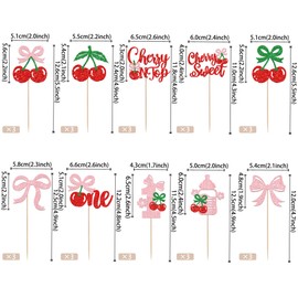 ZHUOWEISM 30 PCS Cherry One Cupcake Toppers Glitter Pink Bow Cherry Cupcake Picks On Top 1st Birthday Decorations for Sweet Fruit Theme Baby Shower Kids First Birthday Party Supplies