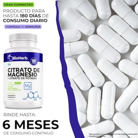 BioHerb® | Citrato de Magnesio Puro con 12% Magnesio Elemental de Maxima Absorcion con 180 Cápsulas (Para 6 Meses) – Apoyo Hidratación, Equilibrio Ele