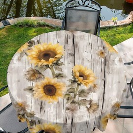 Wipe Clean Tablecloth Round 60 Inches (150 x 150 cm), Garden Tablecloth with Retro Sunflower Motif, Decorative Table Decoration for Kitchen, Dining Room, Outdoor Tablecloth Weatherproof
