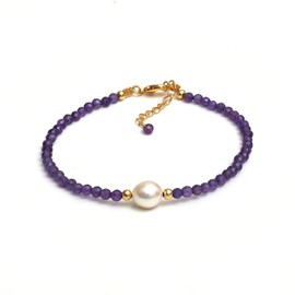Gempires Amethyst Bracelet with Freshwater Pearl, Gemstone Beaded Bracelet, February Birthstone, Party Wear, 6.5 + 1 Inch 14k Gold Plated Adjustable Chain