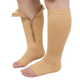 PUTUO Plus Size Compression Socks: Wide Calf Zip Flight Sock Women Men Extra Large Graduated Open Toe Support Stockings for Travel Beige XXL 1Pairs