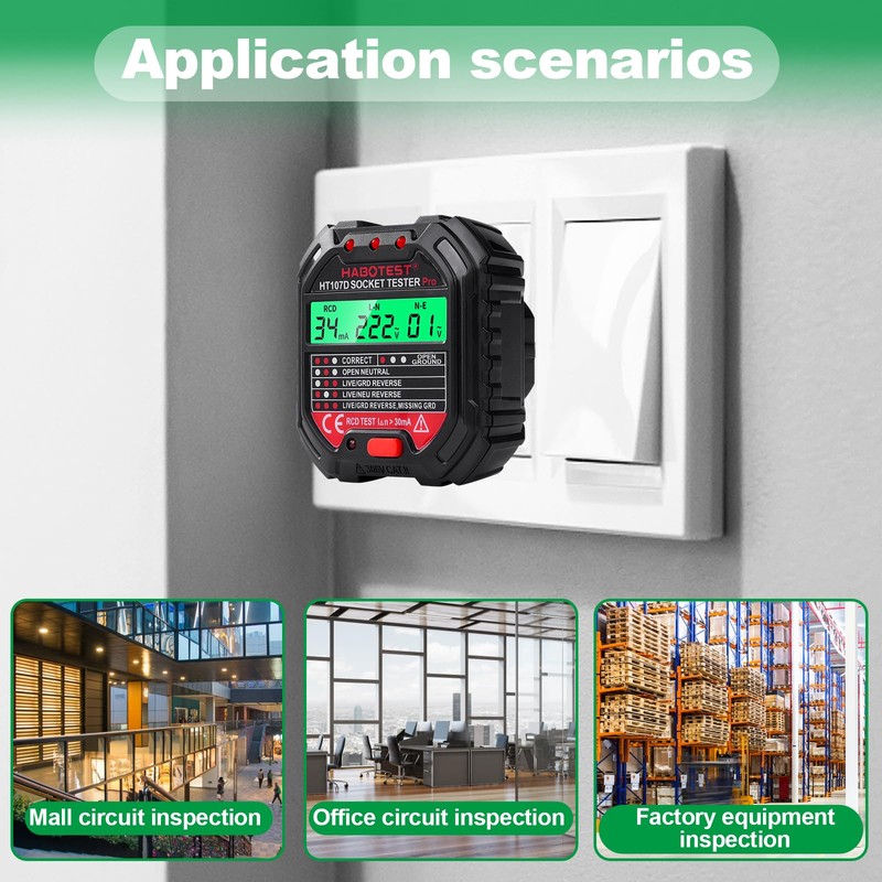 VOBOR Steckdosentester mit RCD-Prüfung und LCD-Voltage-Display, 6 Arten von Fehlerdiagnose,