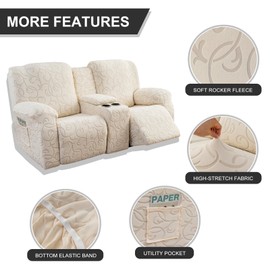 YUEANG Recliner Loveseat Cover with Center Console, 2 Seater Jacquard Recliner Sofa Slipcover with Pockets Washable Stretch Reclining Couch Covers Furniture Protector with Elastic Straps (Beige)