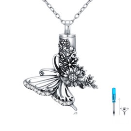 Dorunmo Butterfly Sunflower Urn Necklace 925 Sterling Silver Butterfly Ashes Keepsake Cremation Pendant Jewelry Memorial Gifts for Women Loss Loved One
