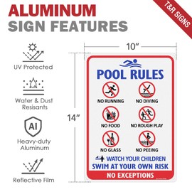 T&R Pool Rules Sign with Symbols, No Diving, No Glass, No Food, No Peeing, Swim at Your Own Risk Sign - 1 Pack - 14"x10" .040 Rust Free Heavy Aluminum, Reflective, Waterproof and Fade Resistant, 4 pre-drilled holes, Easy to Mount