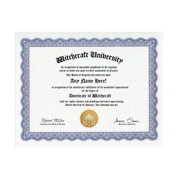 Witch Witchcraft Degree: Custom Gag Diploma Doctorate Certificate (Funny Customized Joke Gift - Novelty Item)