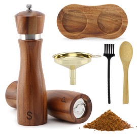Pack of 6 Wooden Salt and Pepper Grinder Set, 2Pcs 8-inch Pepper Grinder Manual with Ceramic/Stainless Steel Core, 1-Base, 1-Spoon, 1-Brush, 1-Small Funnel, Adjustable Coarseness(COLOR:Brown)