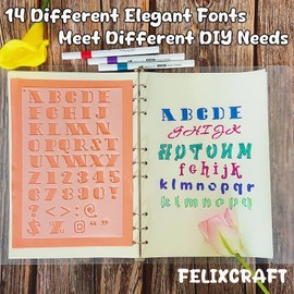 Letter Stencils, 14PCS 8.2x5.5” Plastic Reusable Alphabet Stencils in Different Fonts, Lettering Stencils for A5 Bullet Journals, Stencils for Painting on Wood Canvas Chalkboard