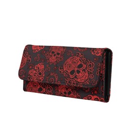 Jolamirel Red Sugar Skulls Women's Clutch Organizer Mexican Folk Art Trifold Card Holder, Candy Skull Floral Tall Billfold Cash Wallet With ID Window, Black