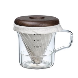 ATHIA glass pour over coffee maker set, minimalist drip coffee maker with reusable cloth filter, glass coffee dripper & walnut lid for single cup manual brewing (Walnut Wood)