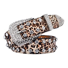 Meliya Women Leather Belt Leopard Print Diamond Studded Waist Belt Buckle Waistband for Pants Dress JeansLeopard Print)