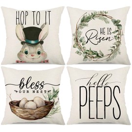 Faromily Decorative Pillow Covers, Set of 4 Easter Pillow Covers, 18x18 inches, Easter Decorations for Home, He is Risen, Floral, Bunny, Spring, Farmhouse Decor