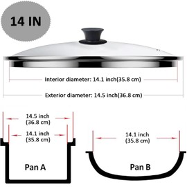 14 Inch Glass Lid For Pots, Pans and Skillets, Clear Glass Lid Replacement with Steam Vent, Stainless Steel Covers, Fit large Frying Pan With Inner dia 14.1-14.5 Inches