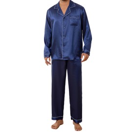 JupiterSecret Mens Satin Pajamas Set Long Sleeve Button Down Silky Pjs Sets 2 Pieces Sleepwear with Pockets Blue